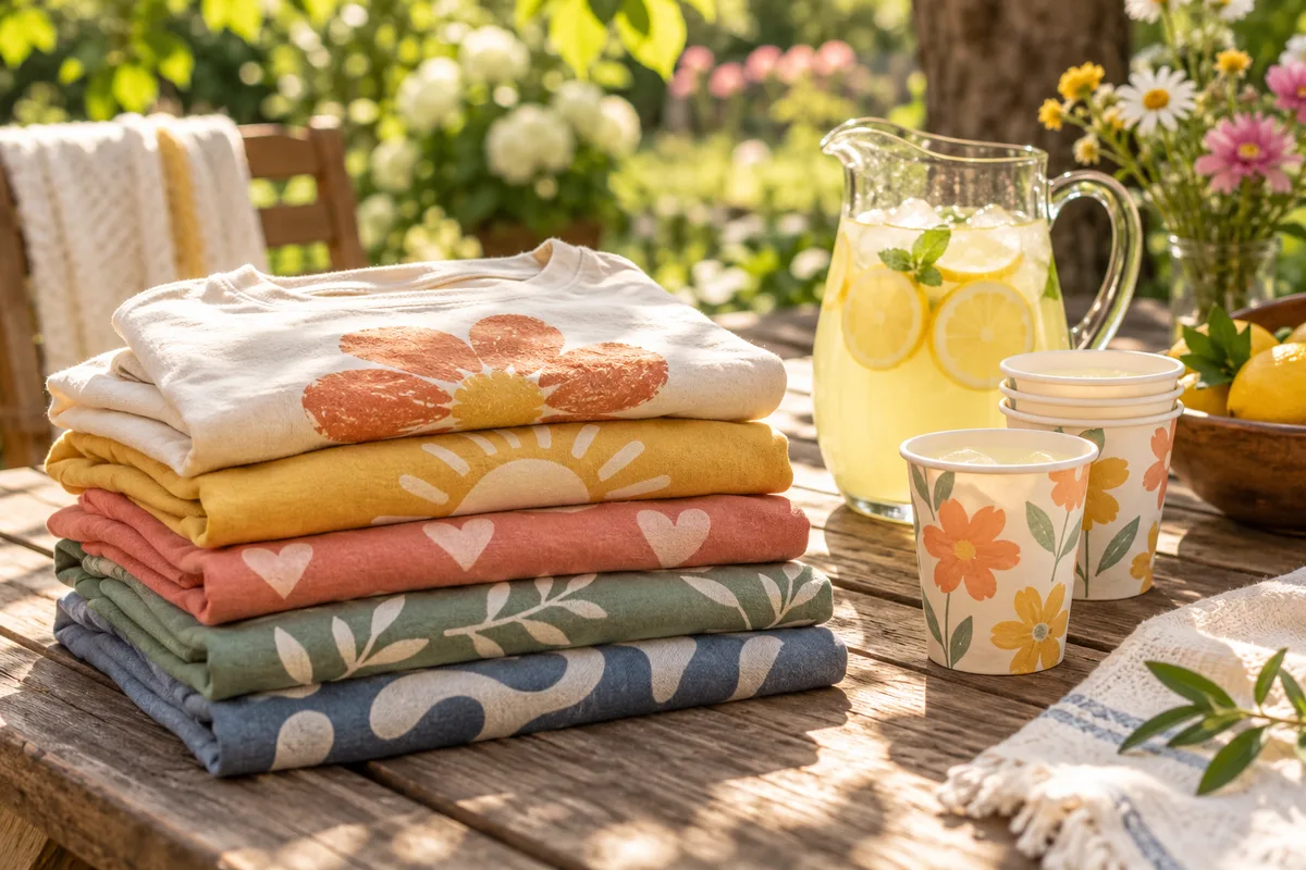 A group of folded matching tees on a picnic table in a garden