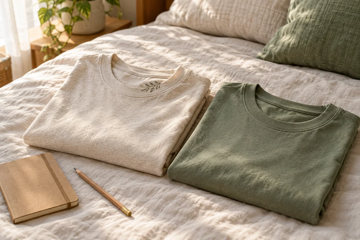 Two folded t-shirts in different colors stacked side by side on a bed with a small notebook.