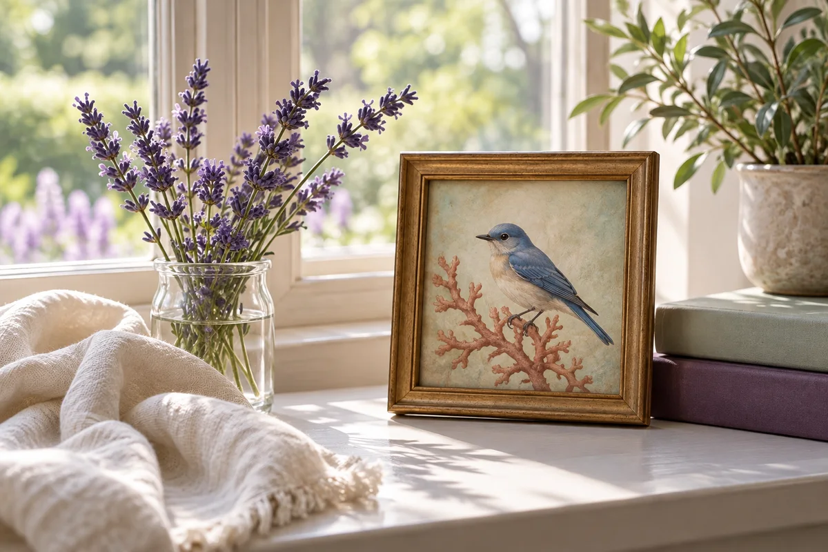A sprig of lavender and a small framed bird painting on a windowsill in soft light.