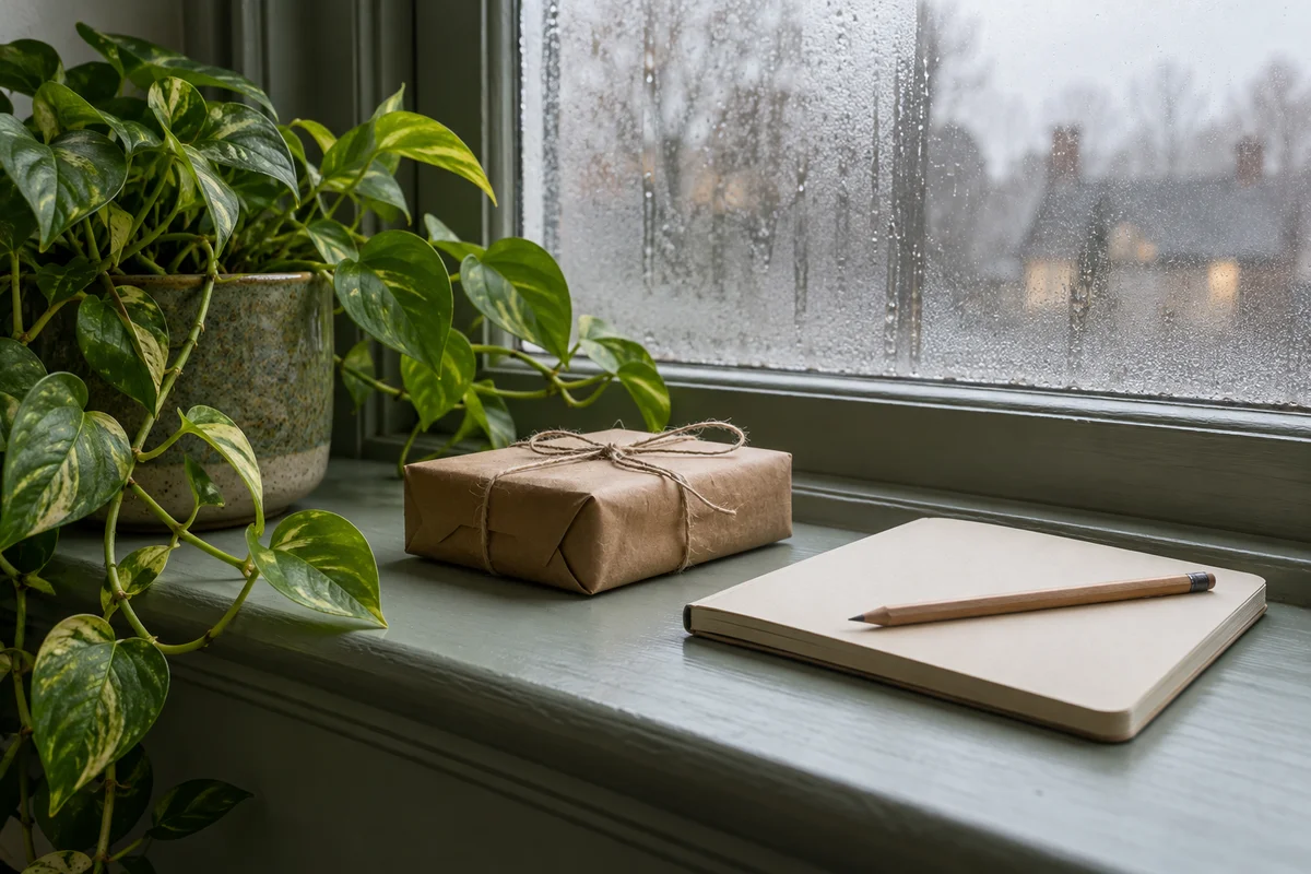 A closed parcel tied with string beside a pencil and a blank notebook on a windowsill.