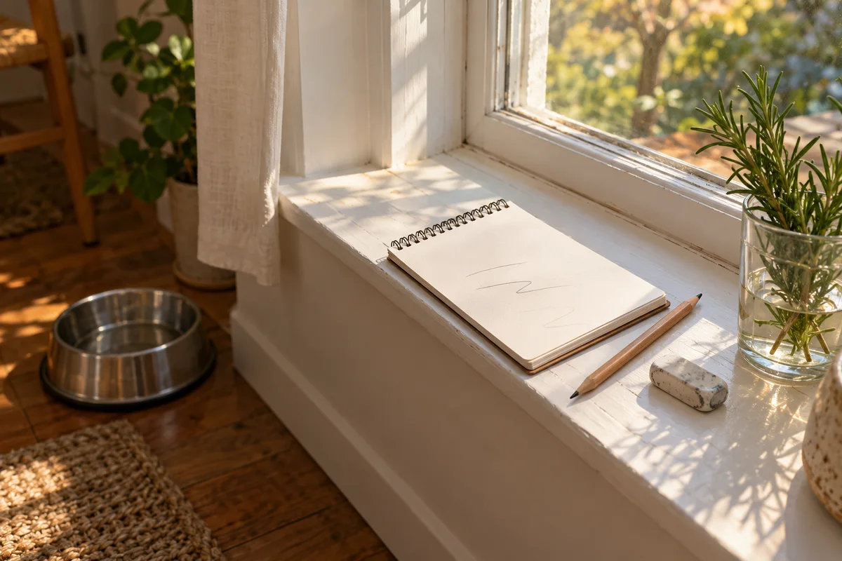A pencil, an eraser and a small notepad on a window sill beside a dog bowl.