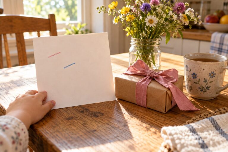 A child's hand resting on a card with crayon strokes beside a wrapped gift, wildflowers and a mug.