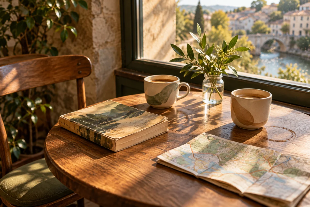 A worn paperback, two coffee cups and a folded map on a diner-style table.