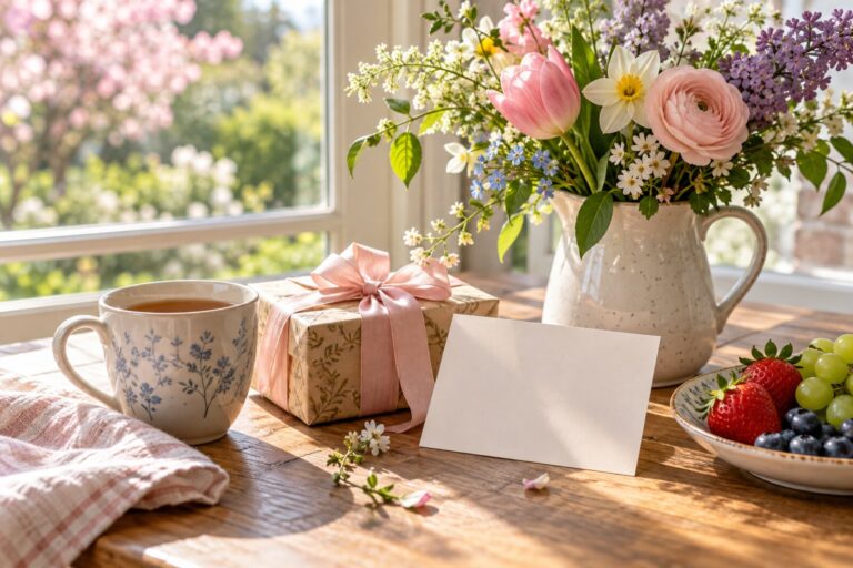 A Mother's Day breakfast table with flowers, a mug and a small wrapped gift in morning light.