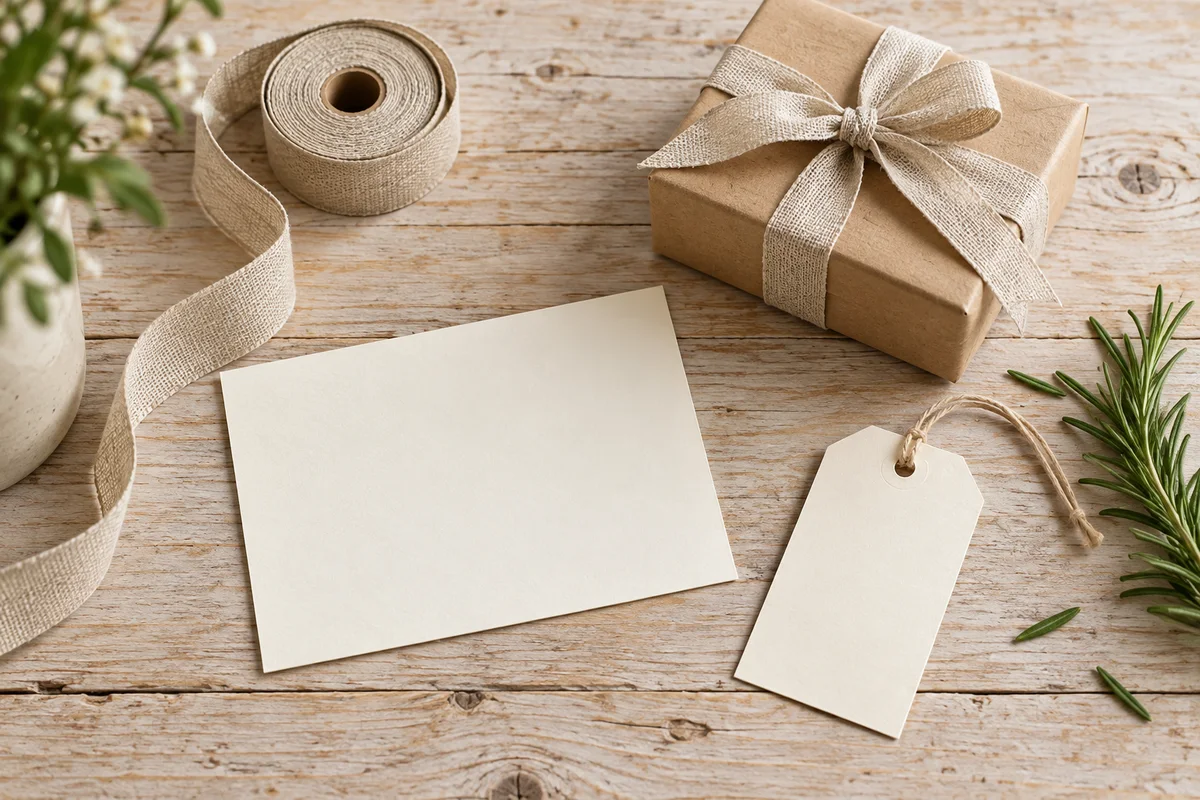 A blank card, a blank gift tag and a ribbon beside a small wrapped box on a table