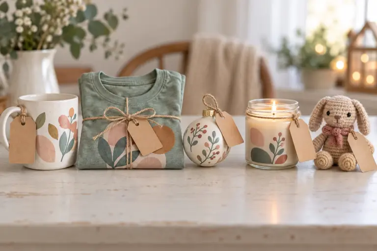Five small gifts of different shapes arranged in a row on a pale table with blank tags