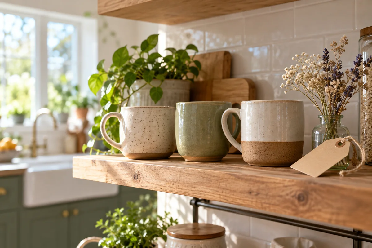 Three mugs on a kitchen shelf with a small blank gift tag and a sprig of dried flowers.