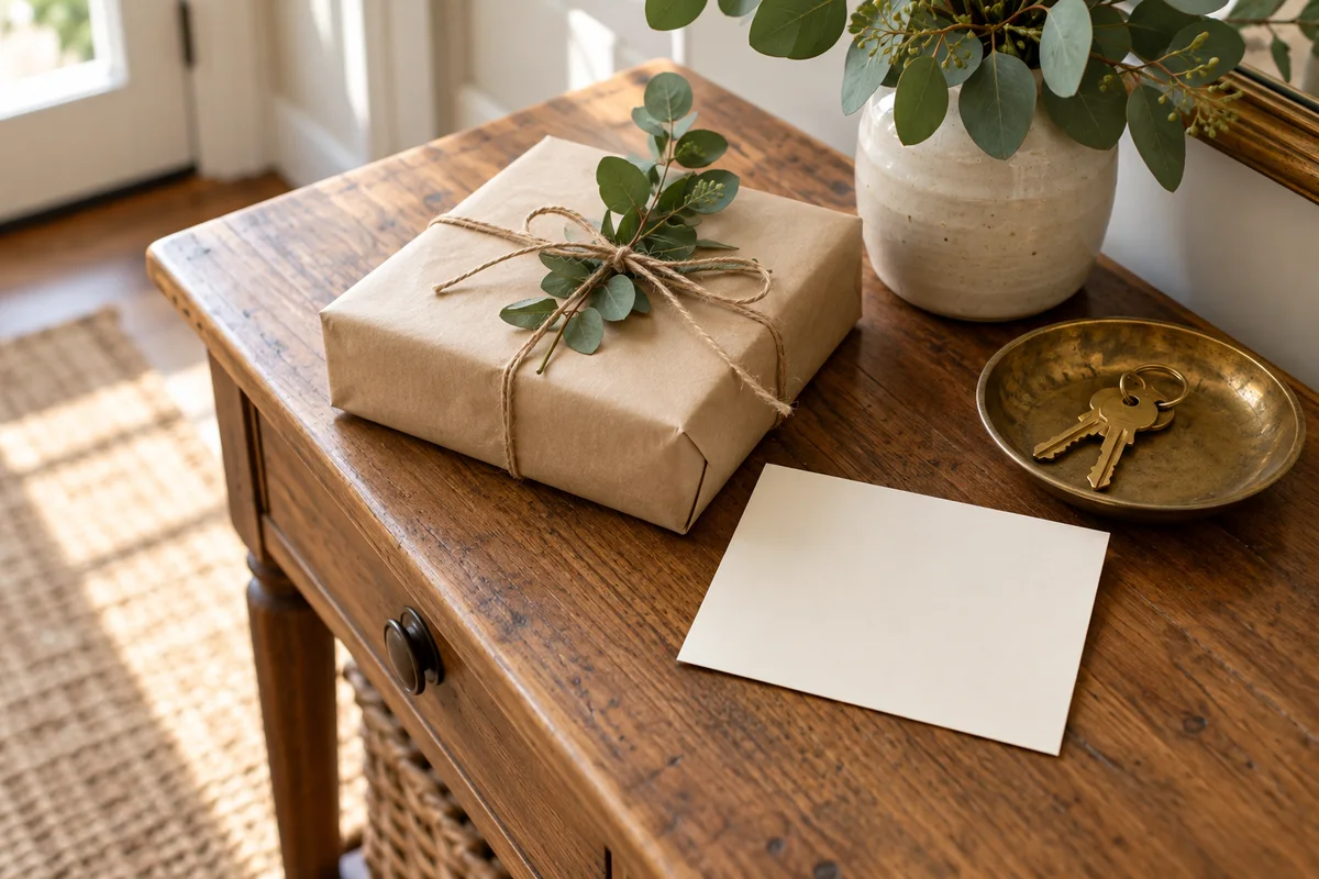 A blank card and a small parcel tied with twine on a wooden hallway table.