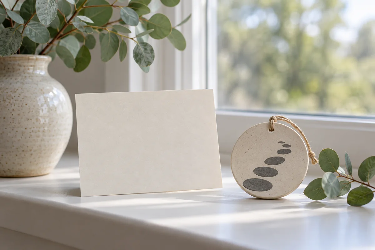 A blank card beside a small ornament and a sprig of greenery on a windowsill.