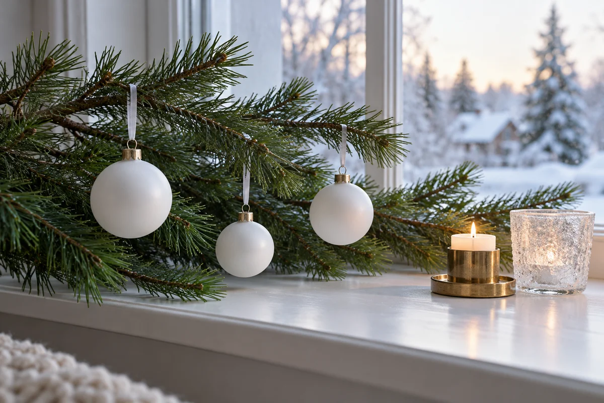 Three plain round ornaments in a row on a pine branch by a window.