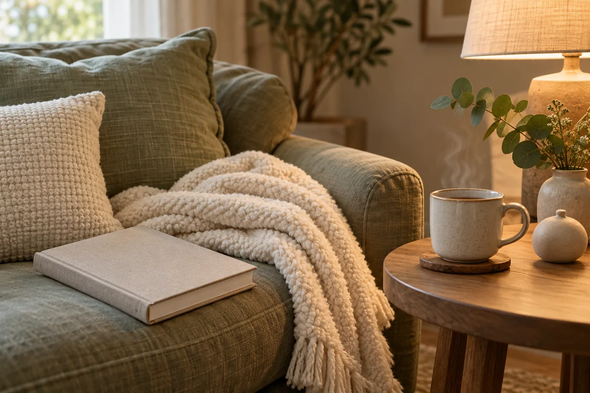 A closed notebook, a small ornament and a folded fleece blanket on a sofa