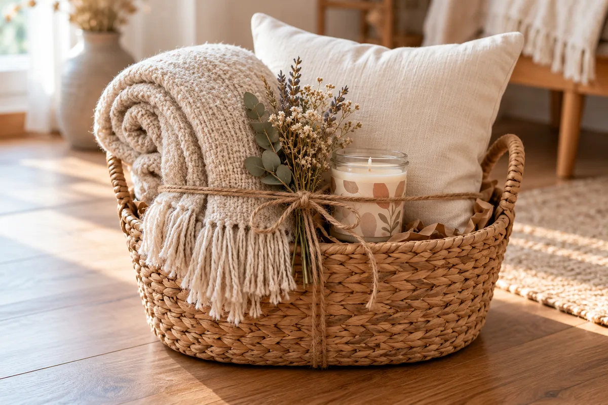 A basket holding a rolled throw, a pillow and a candle tied with twine
