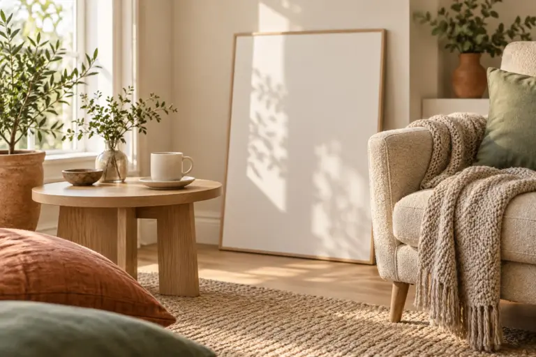 A soft living-room corner with a knitted throw, a blank print and a mug on a side table.