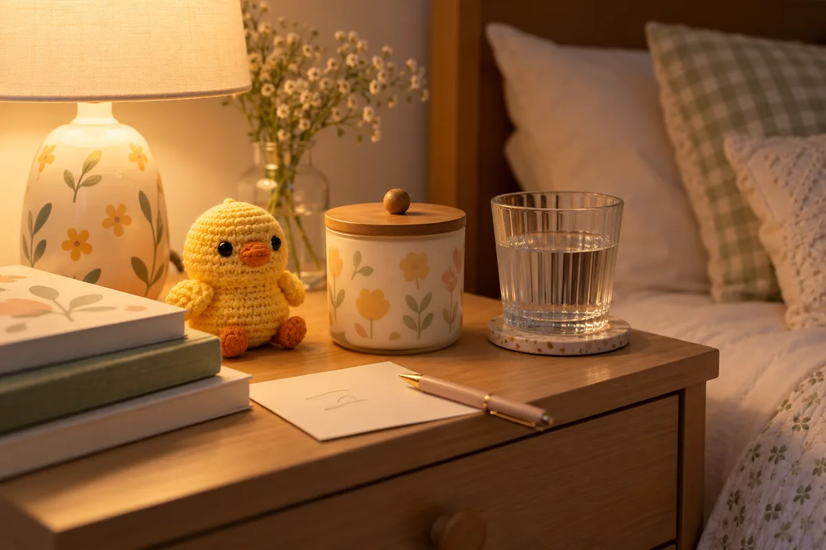 A soft crocheted toy beside a lit candle on a bedside table