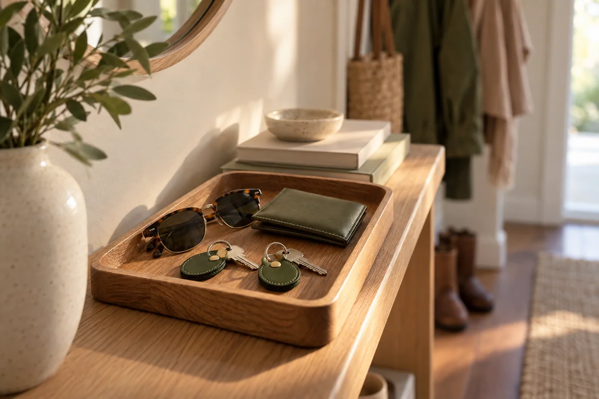 A set of two key fobs on a small tray beside a pair of sunglasses and a wallet.