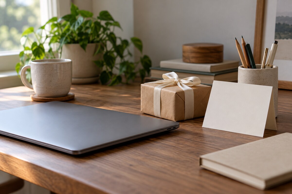 A small wrapped gift and a note card on a tidy office desk beside a laptop