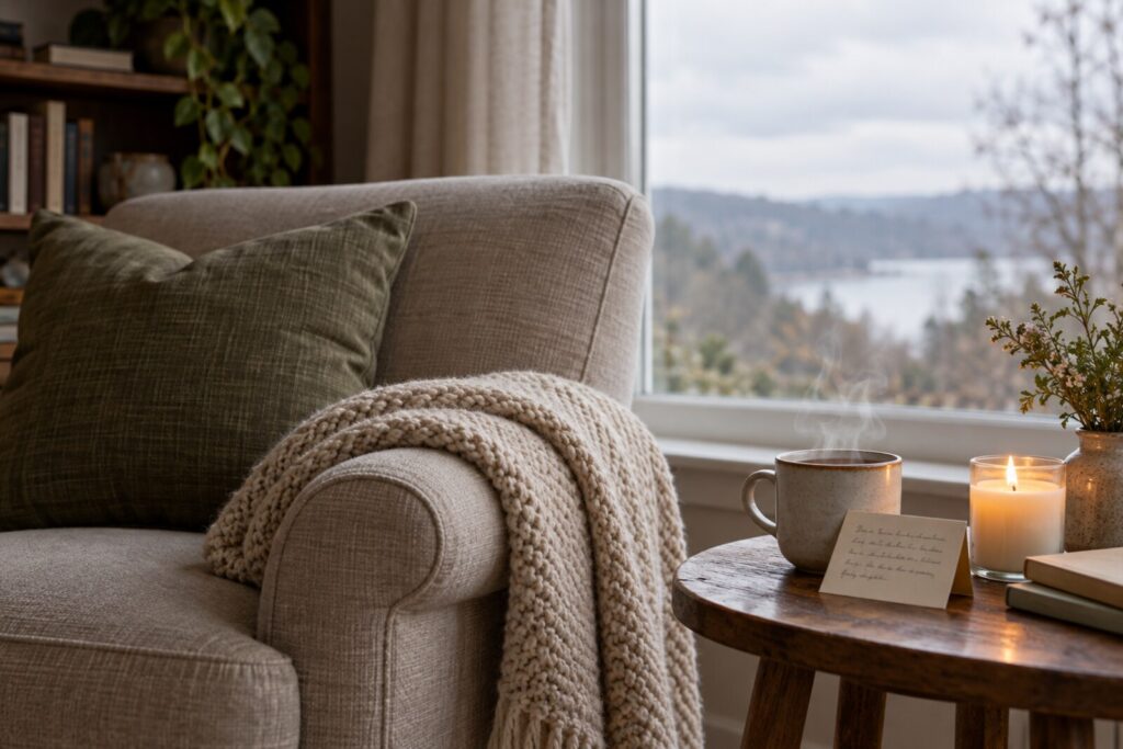 A cozy armchair with a folded throw, a lit candle and a mug of tea beside a window in soft light.