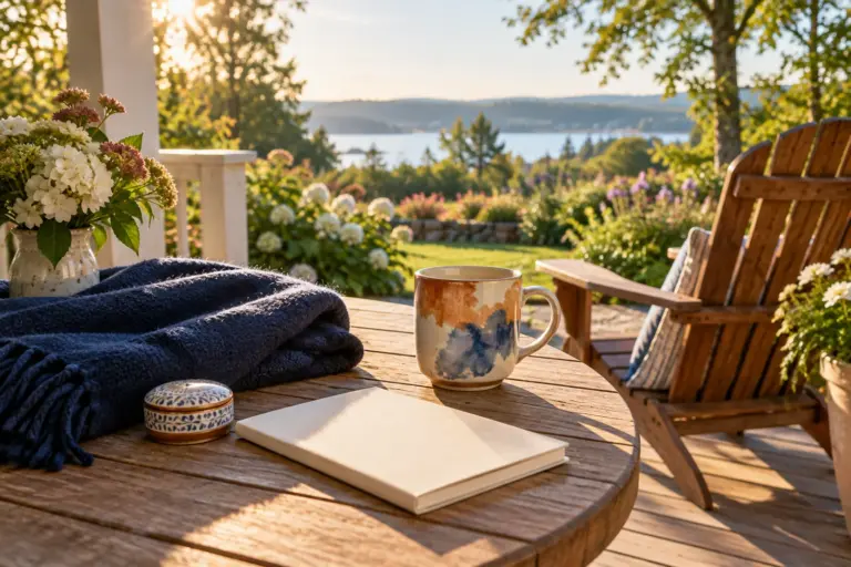 A mug, a folded blanket and a small keepsake on a sunny porch table with a deck chair beyond.