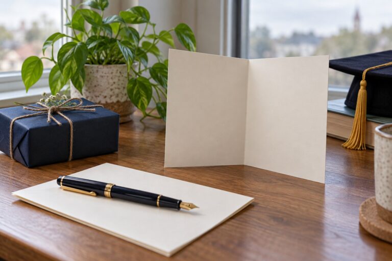An open graduation card on a desk beside a pen, a small gift and a green plant in soft daylight.