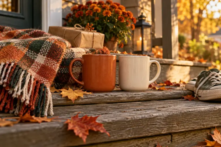 Two plain mugs on a porch step with a blanket and a small wrapped gift between them.
