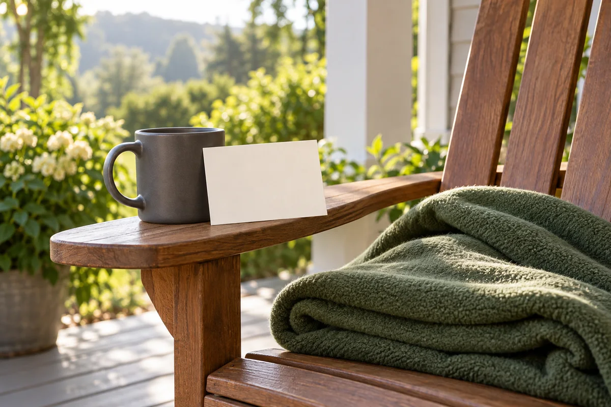 A blank card leaning against a mug and a folded blanket on a porch chair.