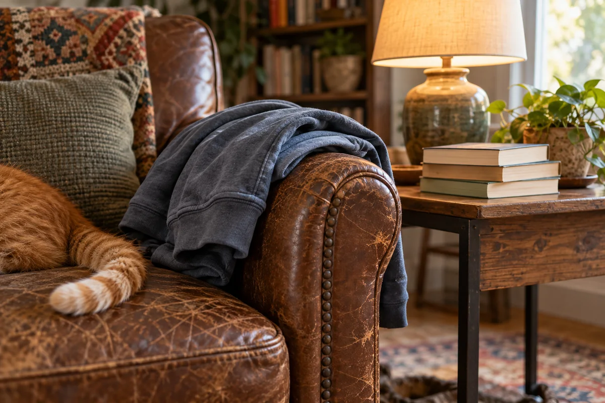 A folded soft hoodie on an armchair with a cat's tail curling around the arm.