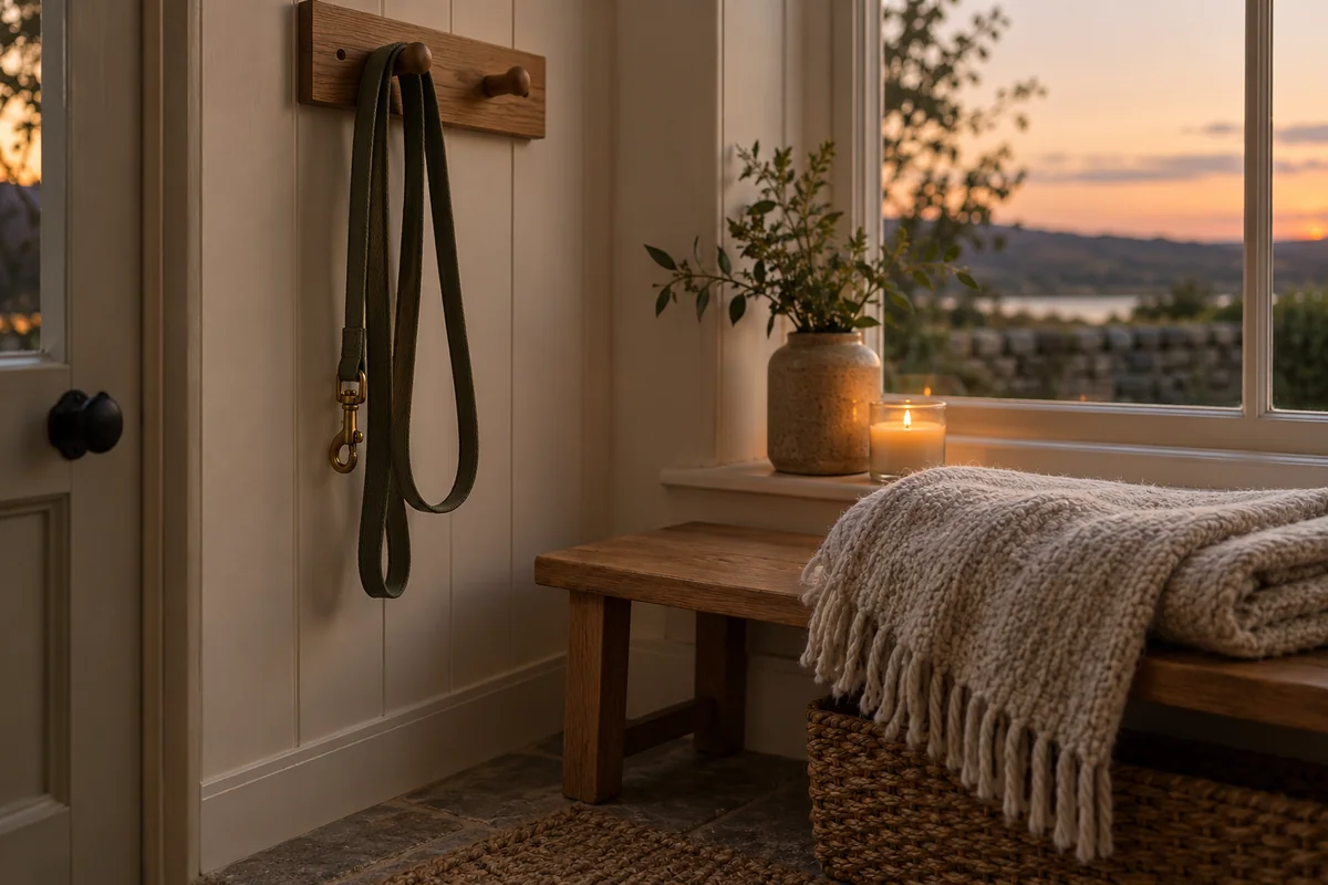 A dog lead hanging on a hook beside a folded blanket and a small candle.