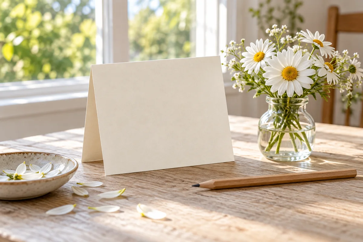 A blank card, a pencil and a small vase of daisies on a table by a window.