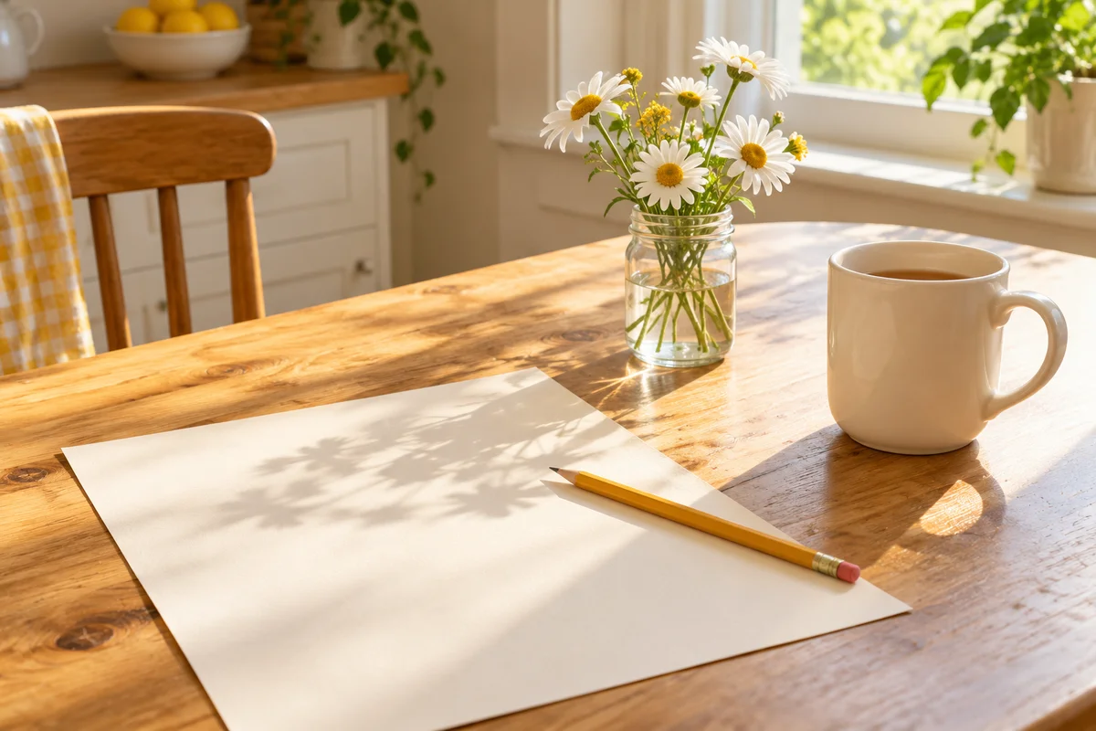 A sheet of plain paper with a pencil and a mug on a sunlit kitchen table.