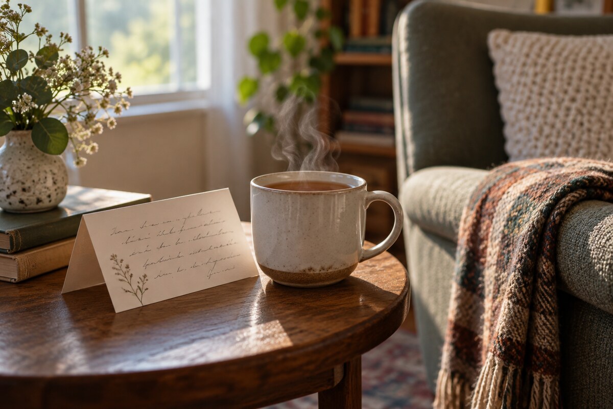 A mug of tea and a handwritten card on a side table beside an armchair