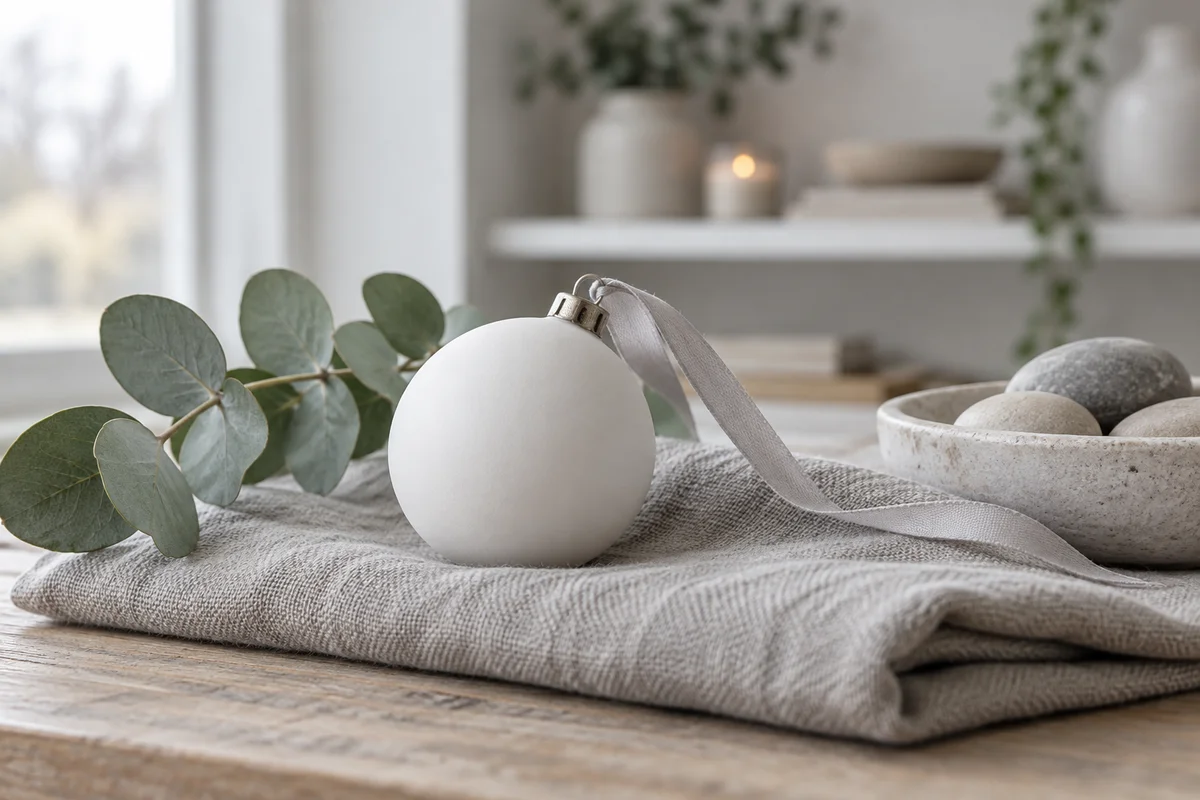 A plain white ornament on a ribbon resting on a folded gray cloth beside a small green sprig.