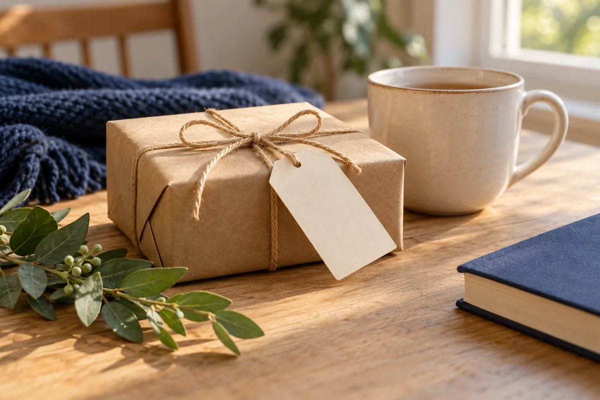A wrapped parcel with a blank gift tag beside a mug on a table