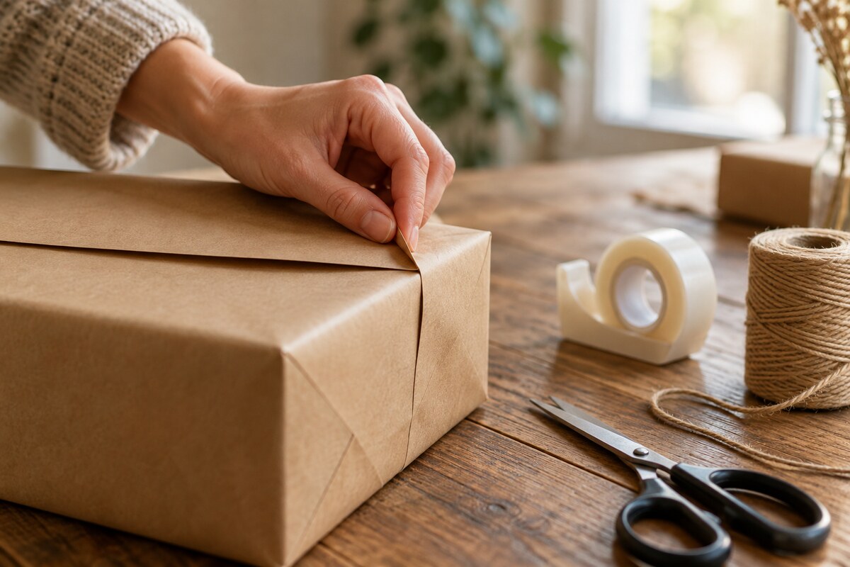 A hand folding the edge of kraft paper over a box with a ruler and tape nearby on a table
