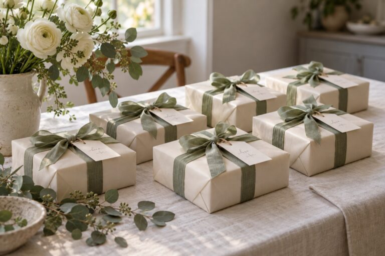 A row of matching gift bundles on a pale table, each tied with ribbon and a small handwritten tag.