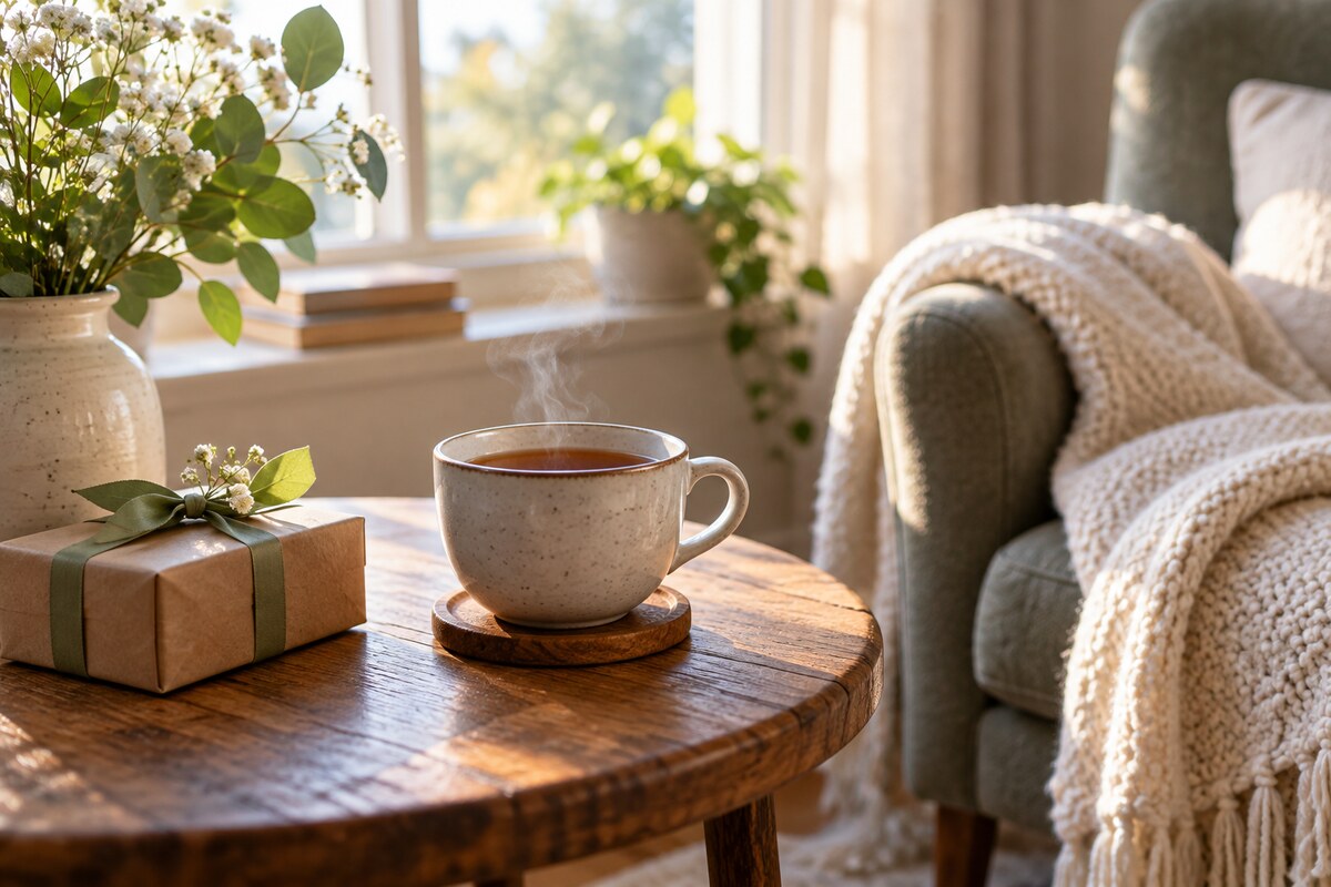 A cup of tea and a small wrapped gift beside a folded throw on an armchair