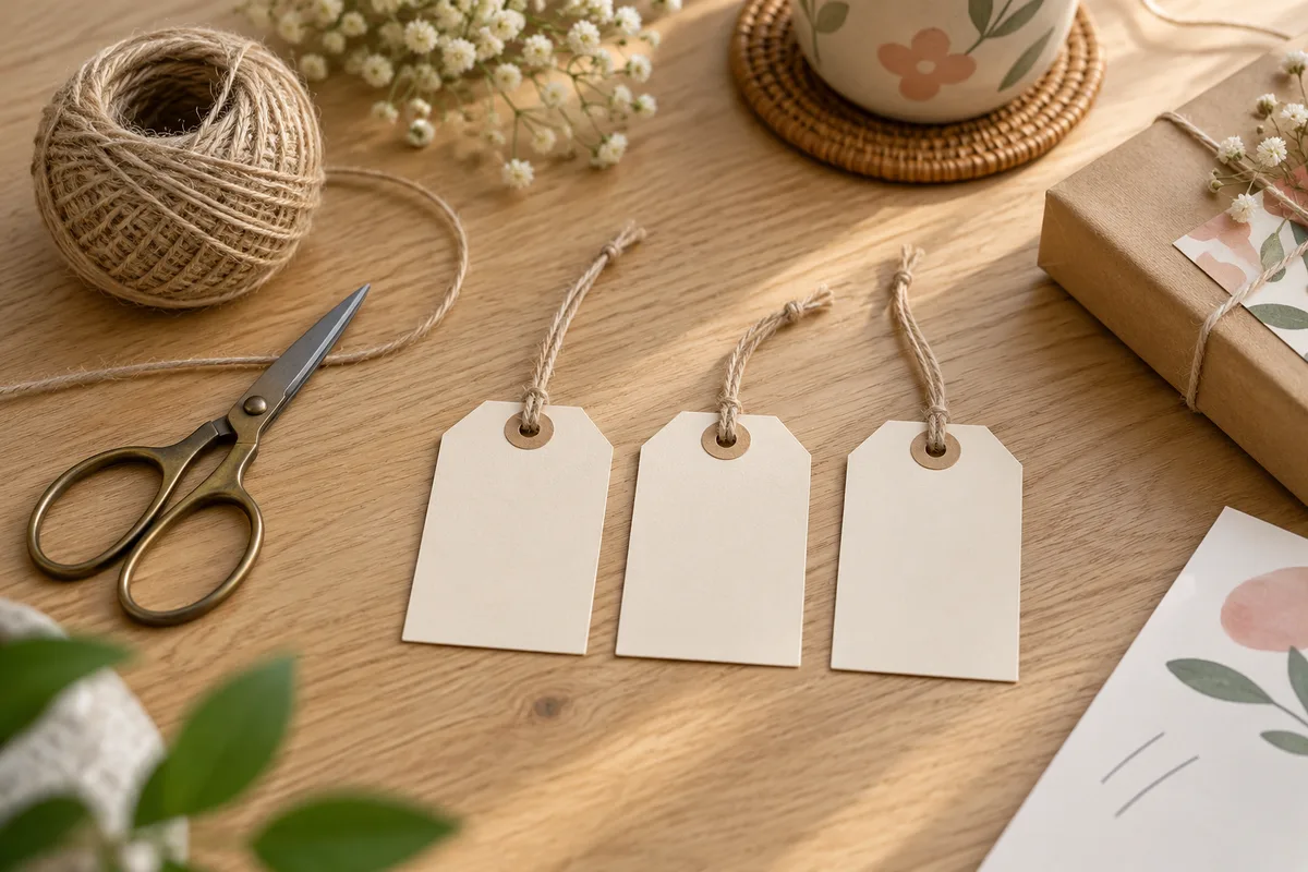 Three tiny blank paper tags laid out on a table