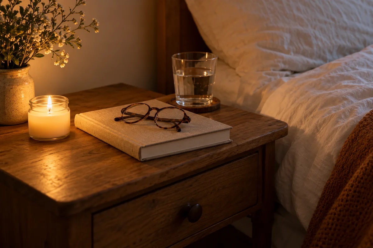 A small candle on a bedside table next to a closed book and a glass of water.