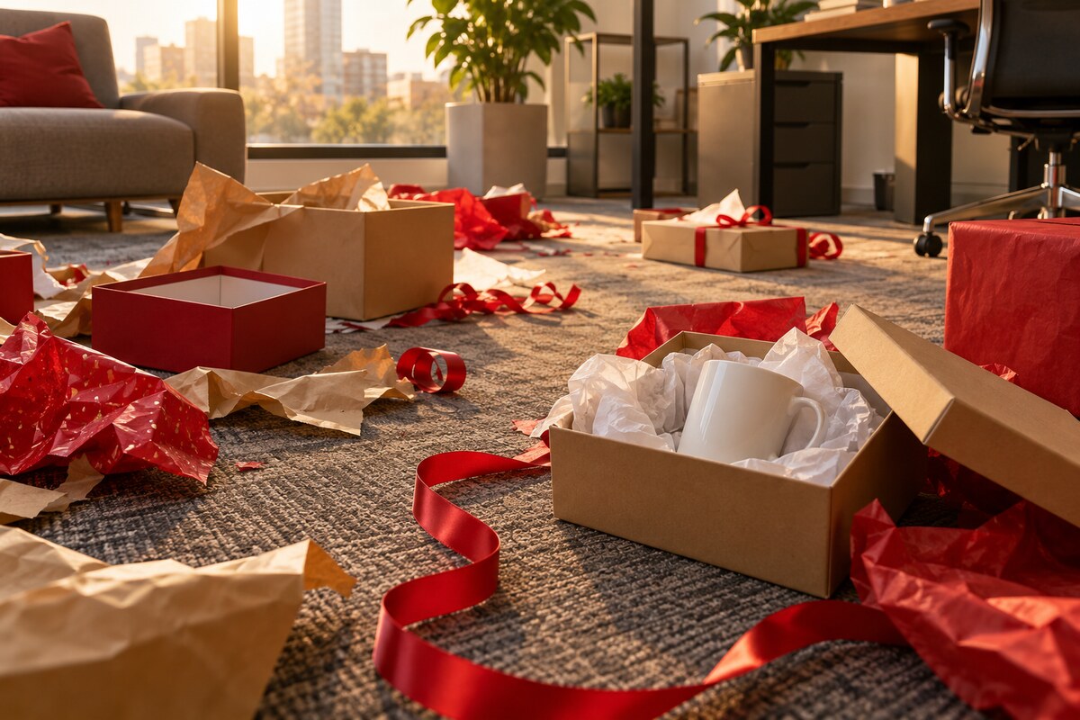 A colorful tangle of wrapping paper scraps and a taped box on a carpet after an exchange