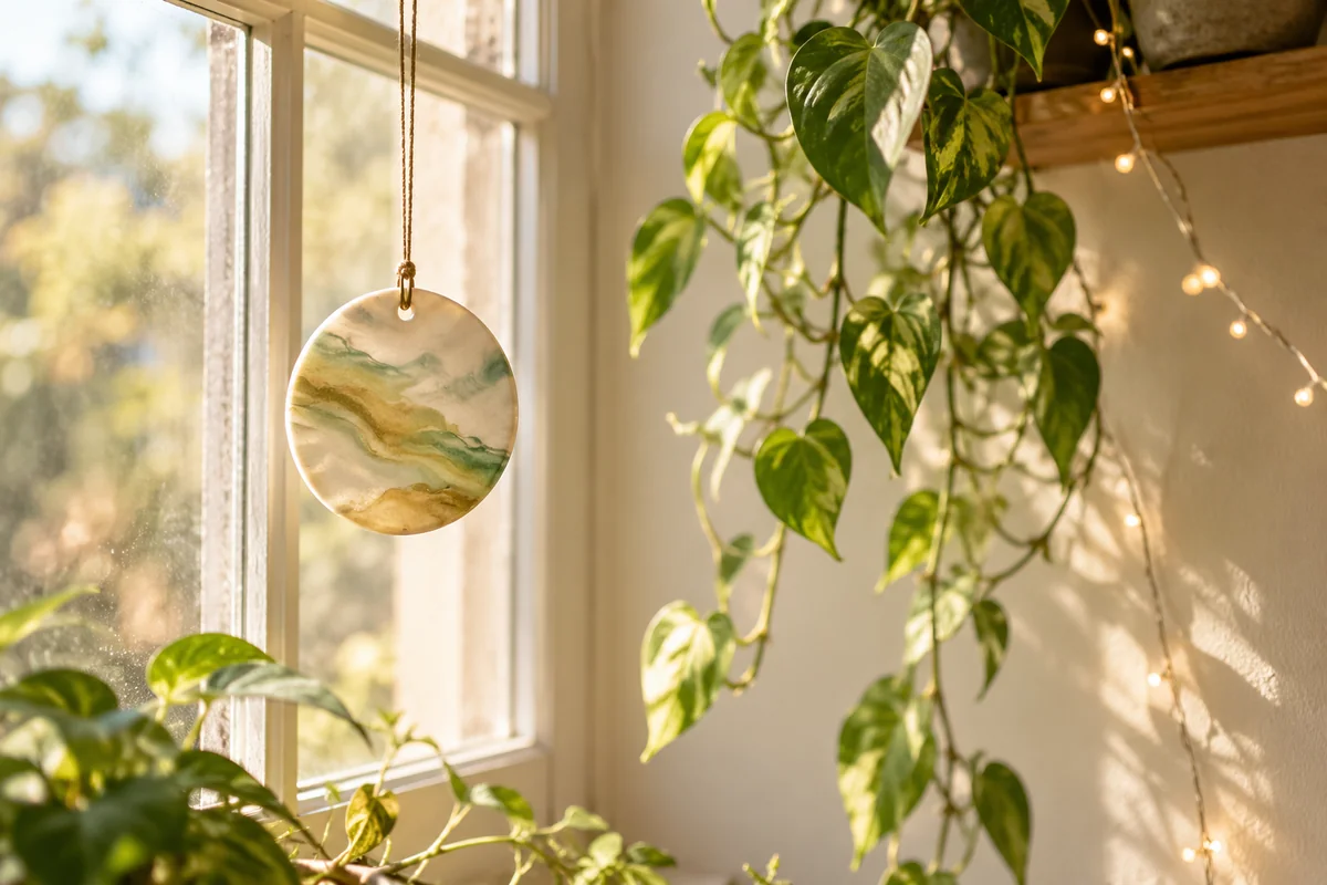 A friendship ornament hanging in a window beside a trailing plant.