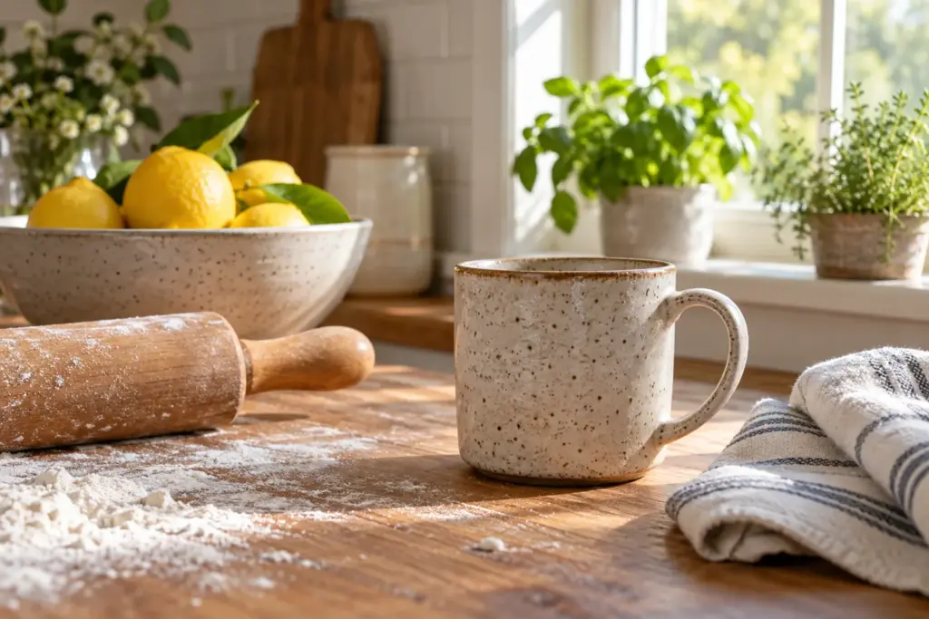 A speckled mug on a floured counter beside a rolling pin and a tea towel.
