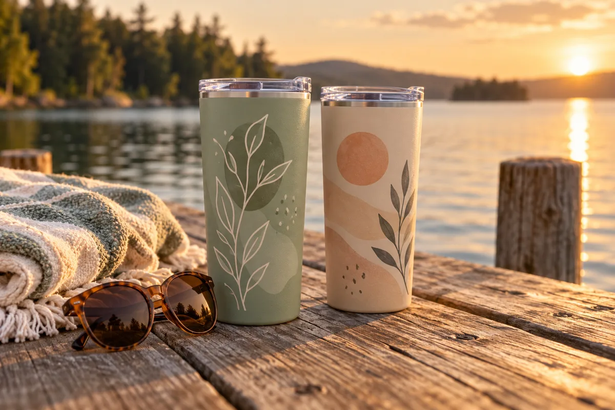 Two tumblers and a pair of sunglasses on a jetty near calm water