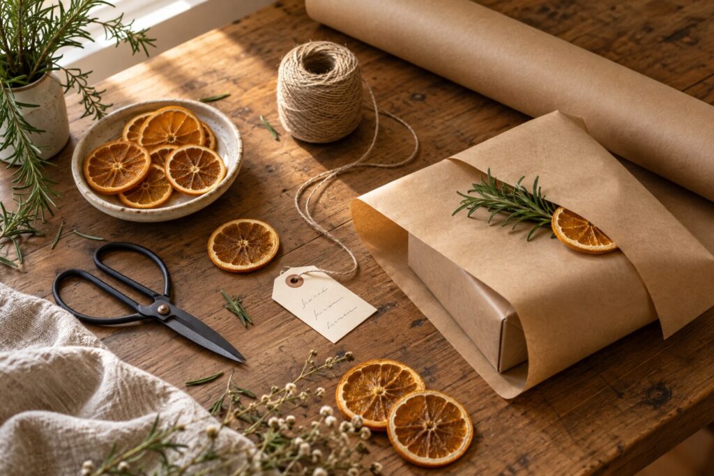 Kraft paper, twine, scissors and a handwritten tag laid out for wrapping a gift.
