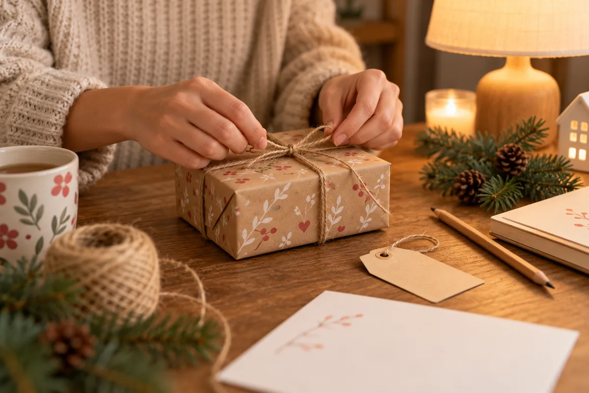 A friend's hands wrapping a small ornament box in paper with a pencil tag