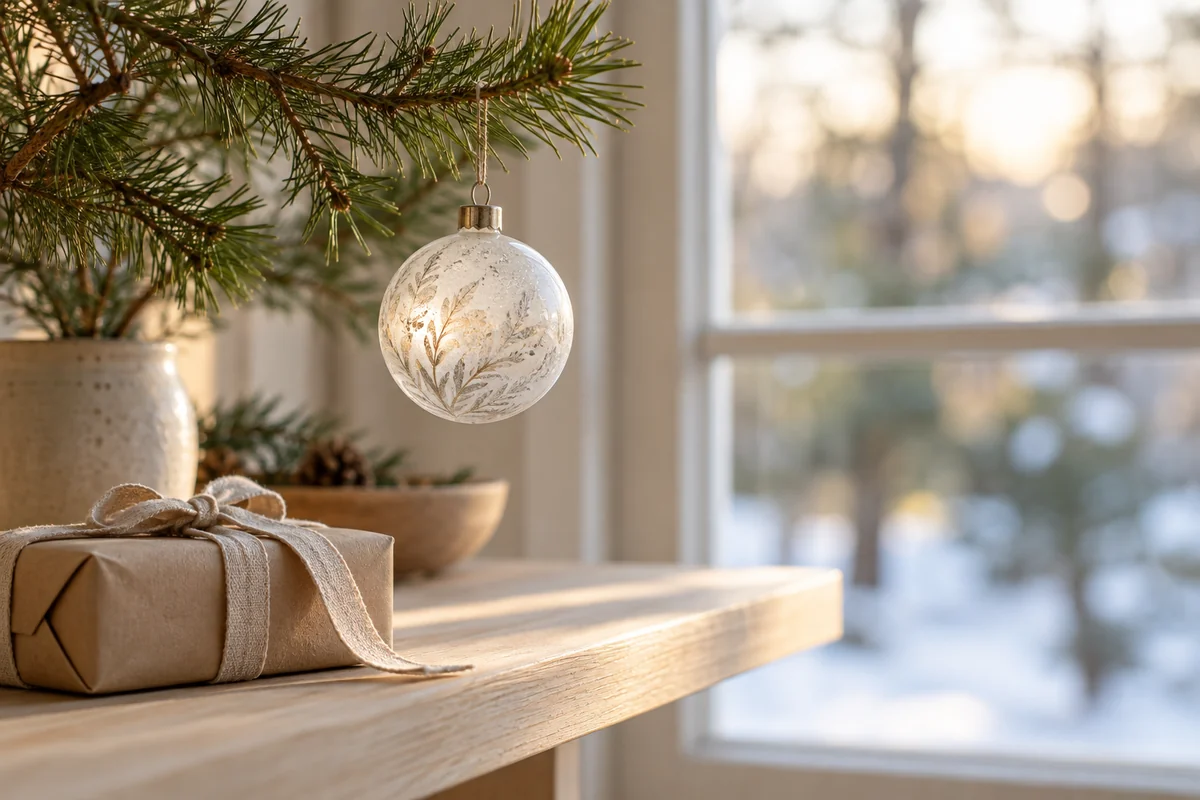 An ornament hanging on a bare branch beside a small wrapped gift.