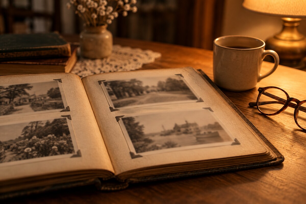 An old photograph album open on a table beside a mug and a pair of reading glasses