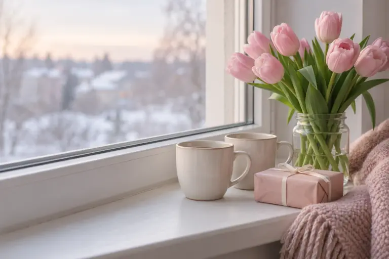 A small wrapped gift and a pair of plain mugs on a windowsill beside a vase of tulips.