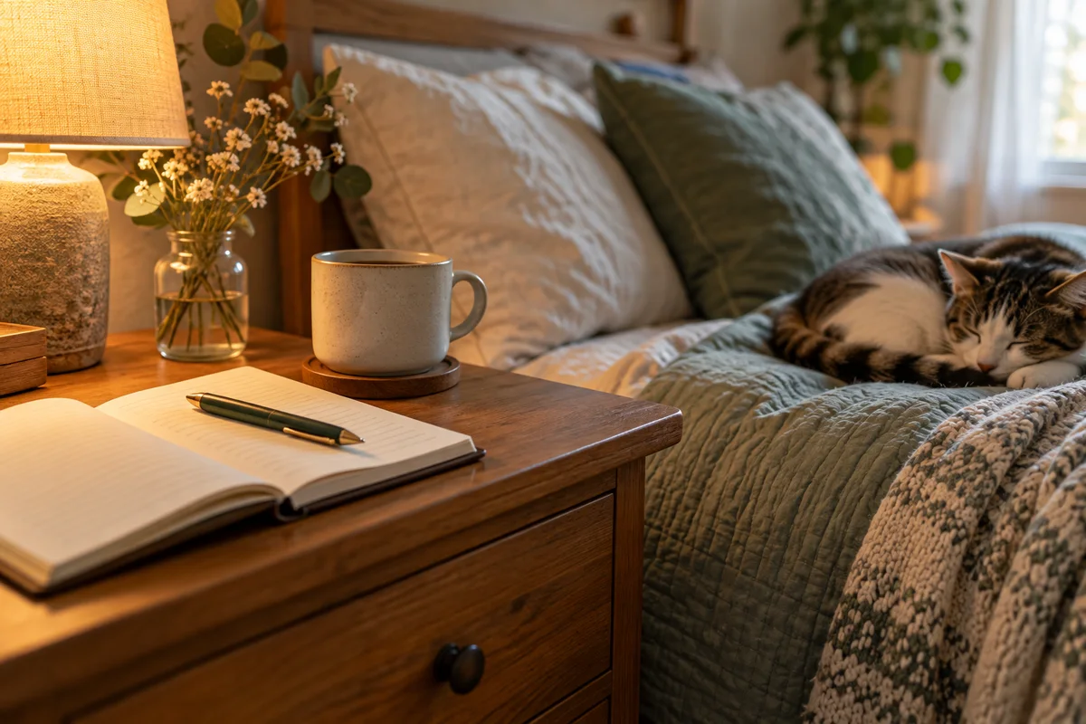 A flat lay of a notebook, a pen and a mug on a bedside table with a sleeping cat nearby.