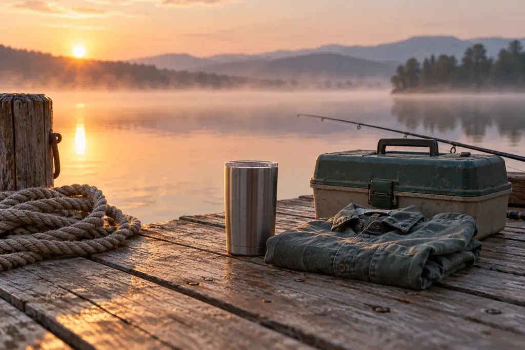 A tumbler and a folded shirt on a dock beside a calm lake at sunrise.