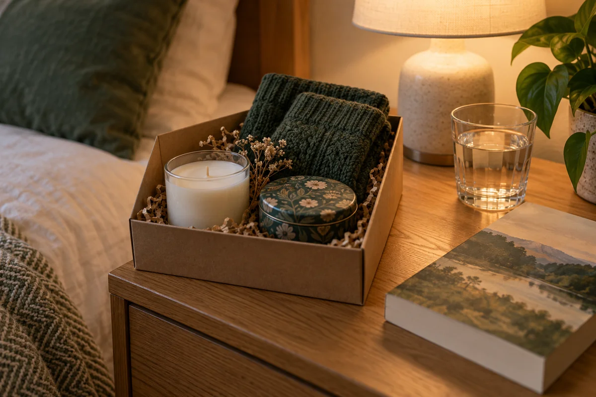 A small gift box with a candle, a pair of folded socks and a tea tin on a bedside table.