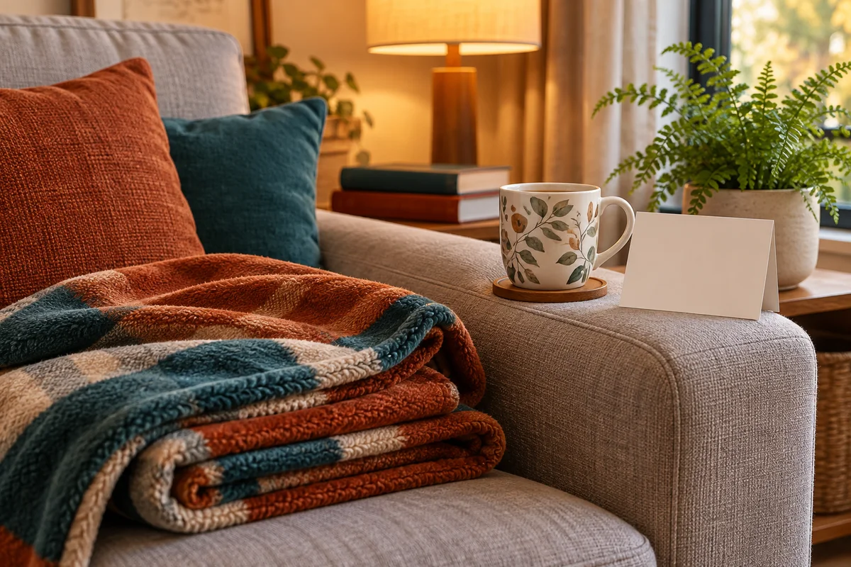 A folded fleece blanket and a smooth mug beside a blank card on a sofa arm.
